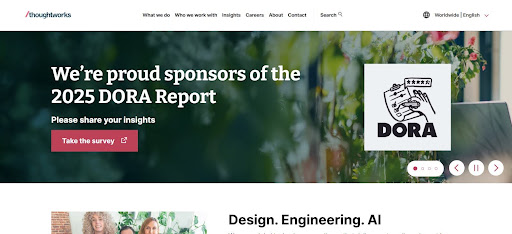 Thoughtworks homepage featuring company update and illustrated DORA report graphic.